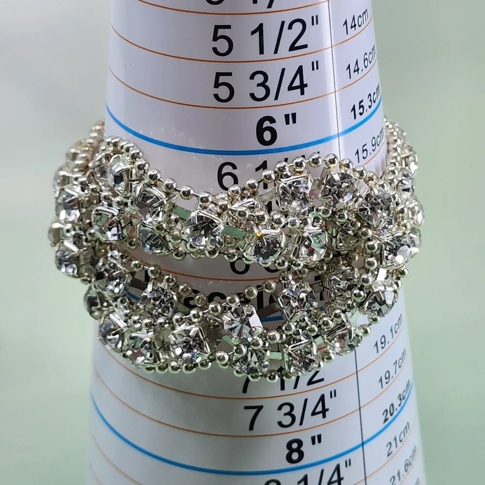 Vintage Clear Rhinestone Multi Row Bracelet Silver Tone Glam Statement Bridal